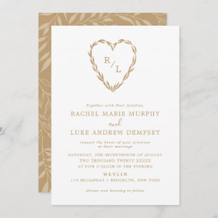 Botanical Laurel Heart Wreath Wedding Monogram Invitation