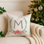 Botanical Laurel Wreath Monogram Cushion<br><div class="desc">Customise this pretty throw pillow with your monogram for a personalised touch to your holiday decor. Design features a green botanical laurel wreath with red holiday flowers and your monogram in grey. 
Shop matching items from our Holiday Magic collection:</div>