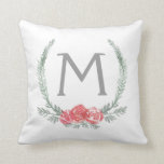 Botanical Laurel Wreath Monogram Cushion<br><div class="desc">Customise this pretty throw pillow with your monogram for a personalised touch to your holiday decor. Design features a green botanical laurel wreath with red holiday flowers and your monogram in grey. 

Shop matching items from our Holiday Magic collection:</div>