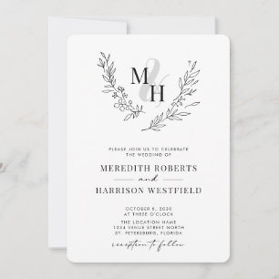 Botanical Laurel Wreath QR Code Monogram Wedding I Invitation