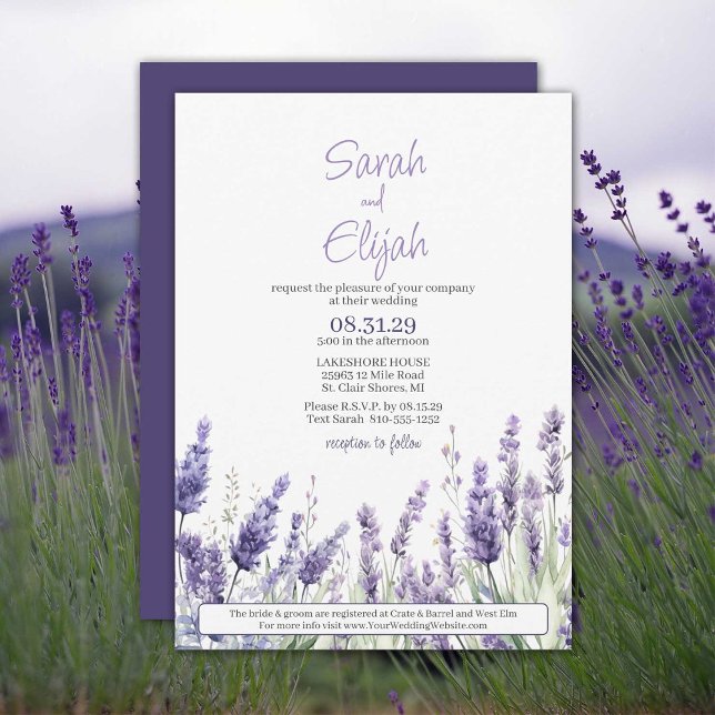 Botanical Lavender Flowers Casual Wedding Invitation (Lavender blooms across the bottom of this pretty floral all-in-one wedding invitation.)