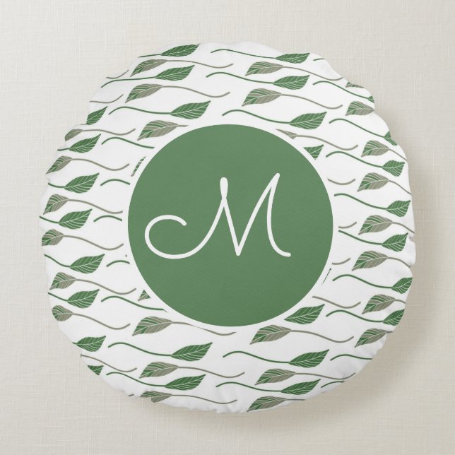 Botanical Leaf Greenery Hand Drawn Pattern Name Round Cushion (Front)