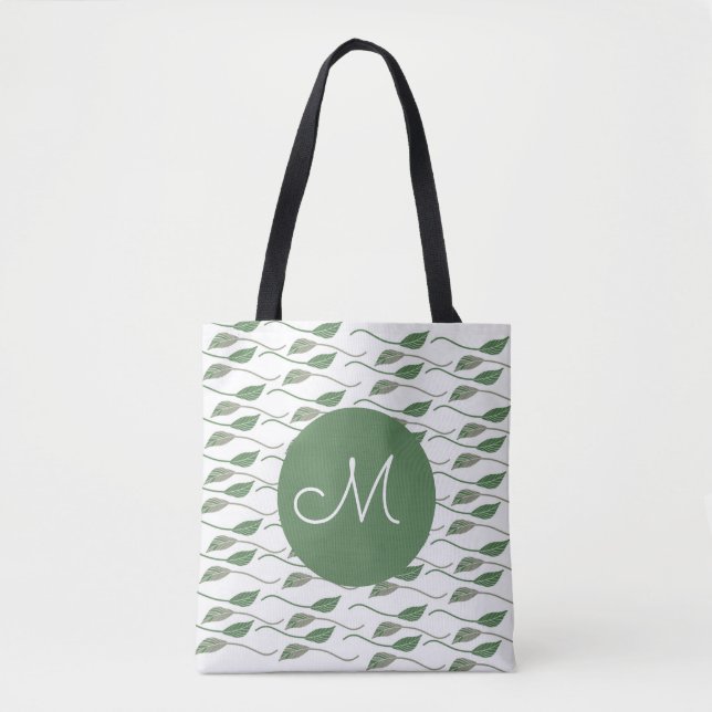Botanical Leaf Greenery Hand Drawn Pattern Name Tote Bag (Front)