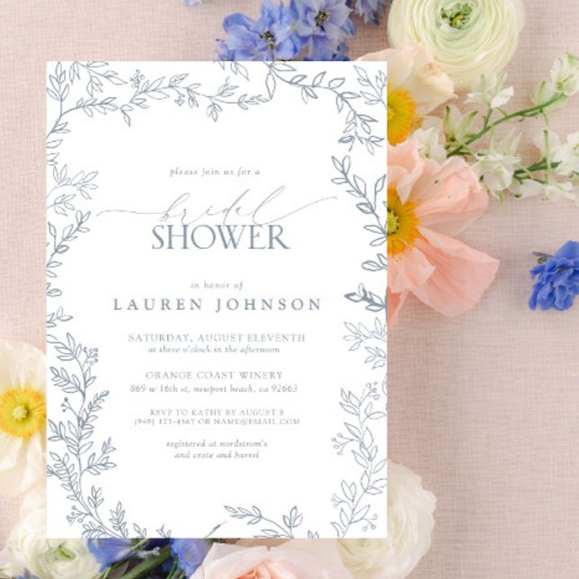 Botanical Leaf Minimalist Dusty Blue Bridal Shower Invitation (Bridal Shower Invitation)