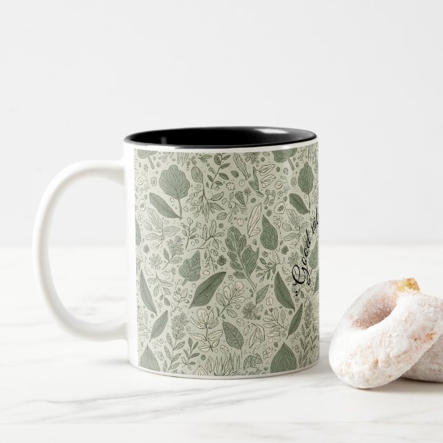 Botanical Leaf Print Coffee Mug | Minimal Green Na (With Donut)