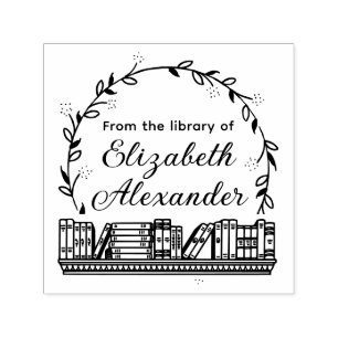 Botanical Leaf Wreath #14 Book Shelf Library Name Self-inking Stamp