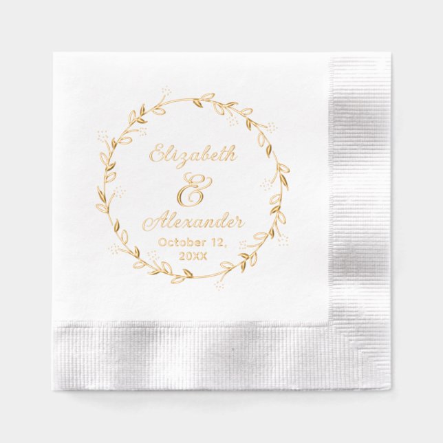 Botanical Leaf Wreath #14 Couple Names Date Script Foil Napkins (Front)