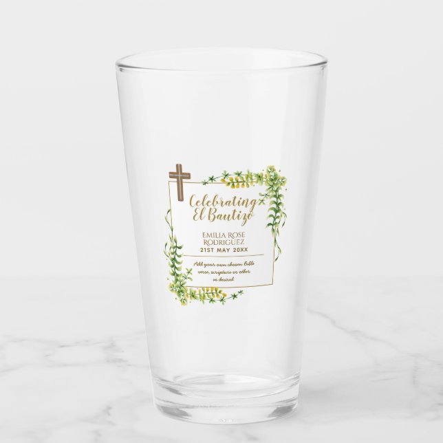 Botanical LeafBautizo Bautismo Baptism Name Verses Glass (Front)