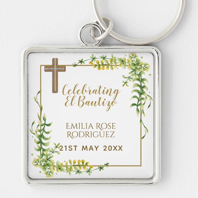 Botanical LeafBautizo Bautismo Baptism Name Verses Key Ring (Front)