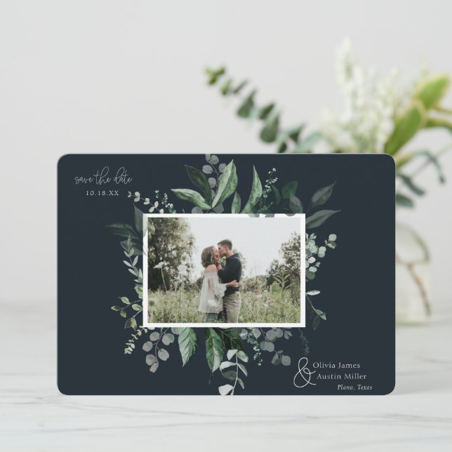 Botanical Leafy Greenery Photo Frame Save the Date (Standing Front)