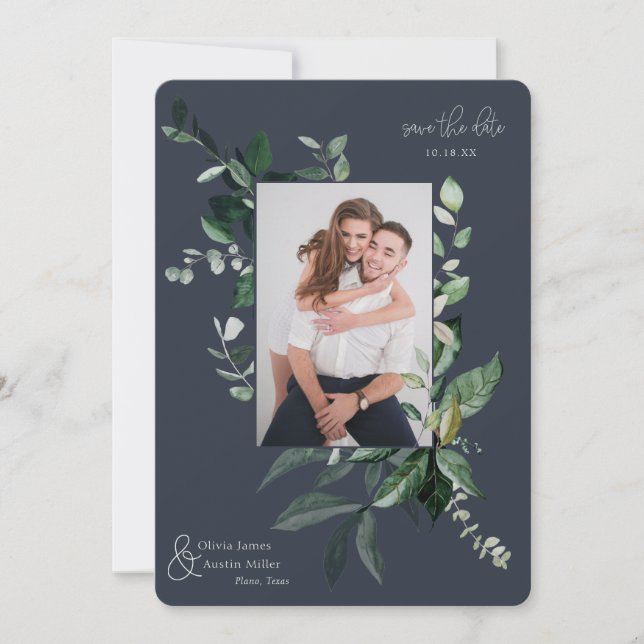 Botanical Leafy Greenery Photo Frame Save the Date (Front)