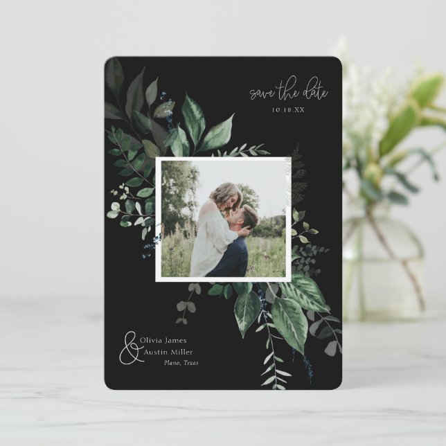 Botanical Leafy Greenery Photo Frame Save the Date (Standing Front)