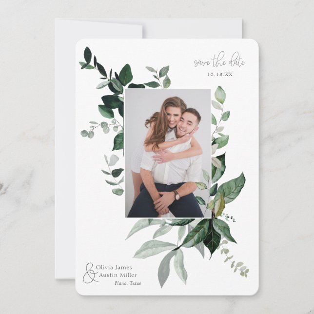 Botanical Leafy Greenery Photo Frame Save the Date (Front)