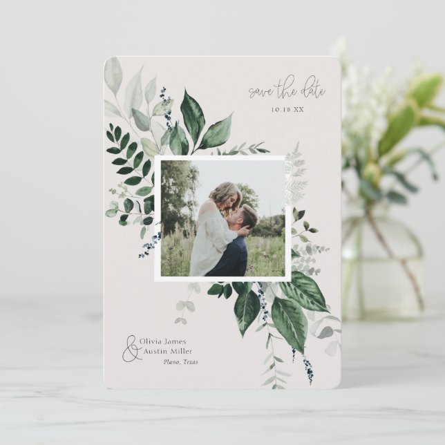 Botanical Leafy Greenery Photo Frame Save the Date (Standing Front)