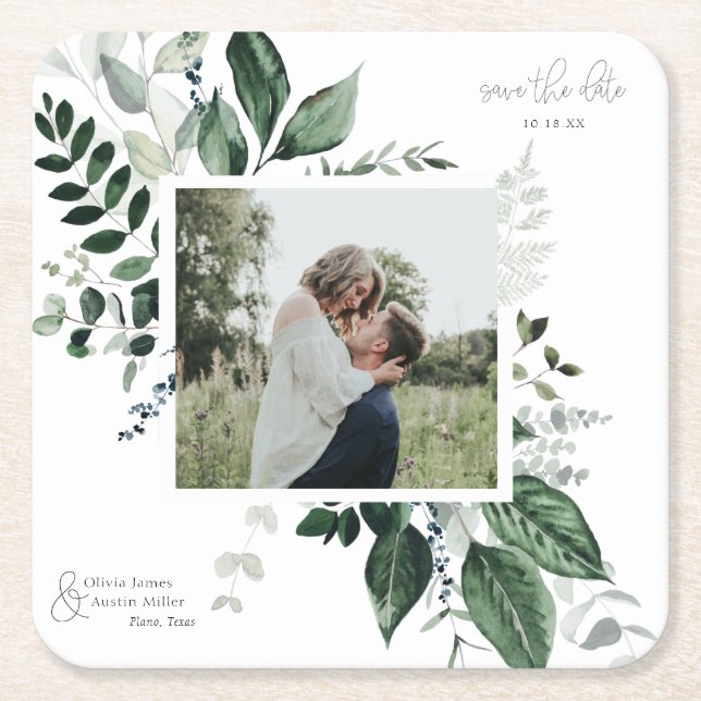 Botanical Leafy Greenery Photo Frame Save the Date Square Paper Coaster (Front)