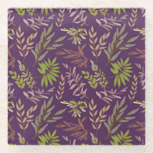 Botanical Leaves: A Stunning Purple Back Glass Coaster