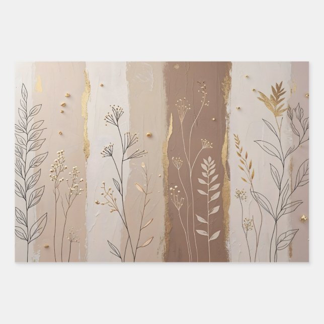 Botanical Leaves and Flowers Beige and Brown  Wrapping Paper Sheet (Front)