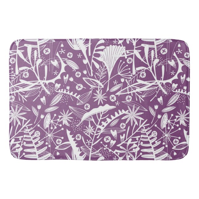 Botanical Leaves and Flowers Purple Bath Mat (Front)