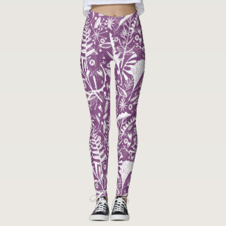 Botanical Leaves and Flowers Purple Leggings