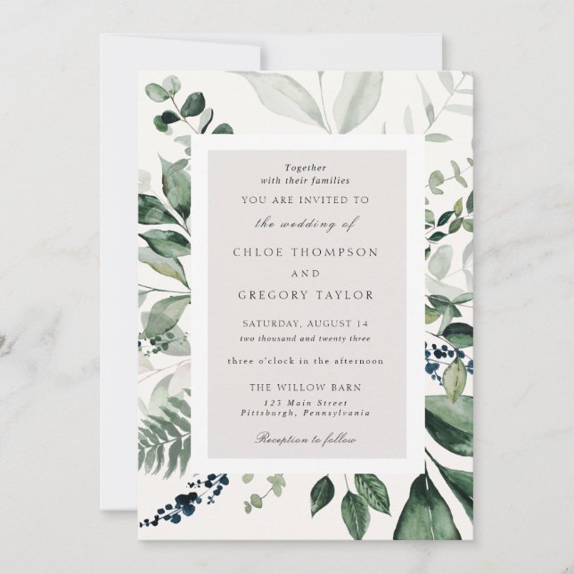 Botanical Leaves and Greenery Wedding Invitation (Front)