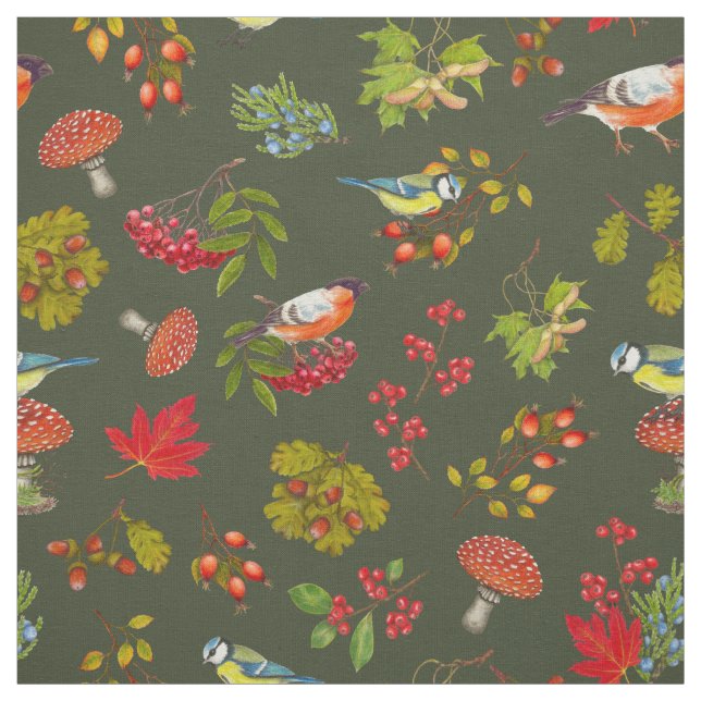 Botanical Leaves Berries Plants and Birds Autumn Fabric (Swatch)