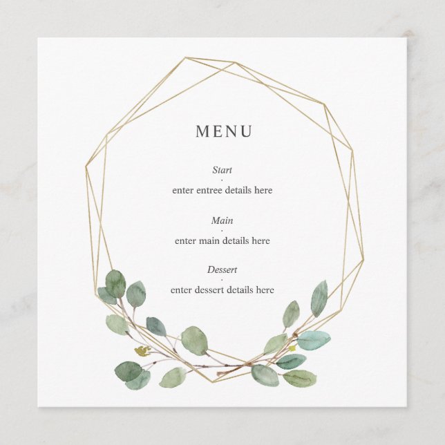 Botanical Leaves Elegant Gold Geo Frame Wedding Menu (Front)