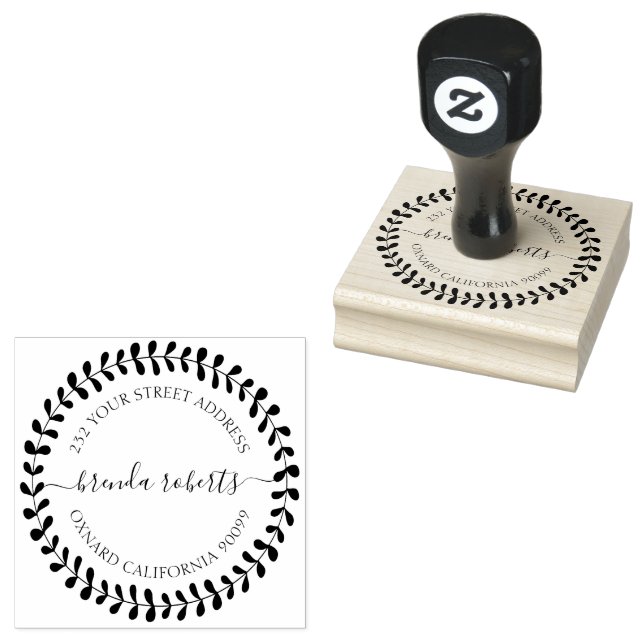 Botanical Leaves Frame Custom Black Typography Rubber Stamp (Stamped)