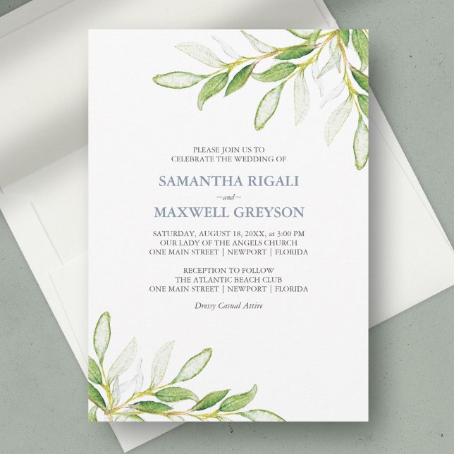 Botanical Leaves Garden Wedding Invitation (wedding invitation sage green botanical watercolor greenery unique art by Victoria Grigaliunas )