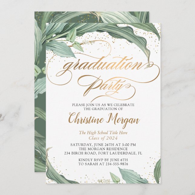 Botanical Leaves Gold Script Graduation Party Invitation (Front/Back)
