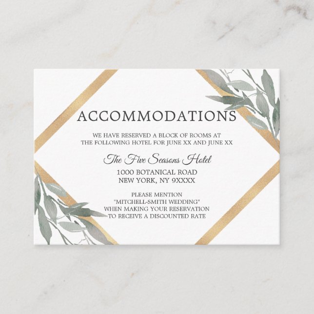 Botanical Leaves Gold Wedding ACCOMMODATION Enclosure Card (Front)