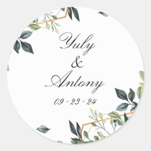 Botanical Leaves, Modern Greenery Wedding Classic Round Sticker