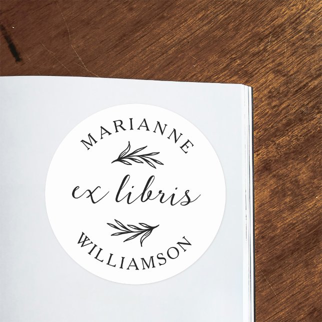 Botanical Leaves Round Name Ex Libris Bookplate Classic Round Sticker (Creator Uploaded)