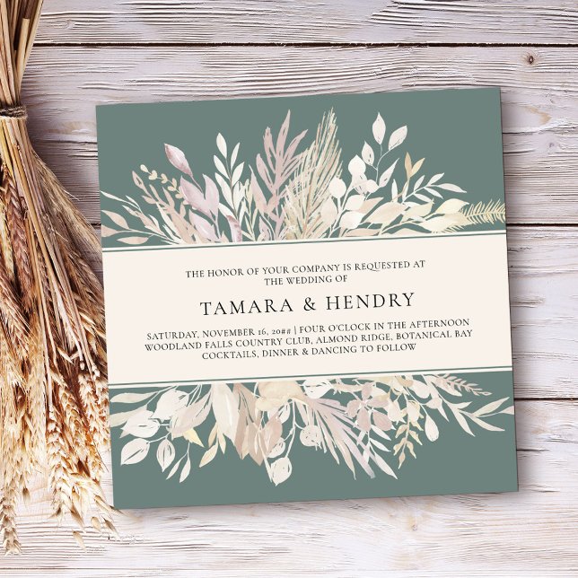 Botanical Leaves Sage Green Square Wedding Invitation (Elegant square wedding invitation in Sage Green, from my Foliage Duet collection)