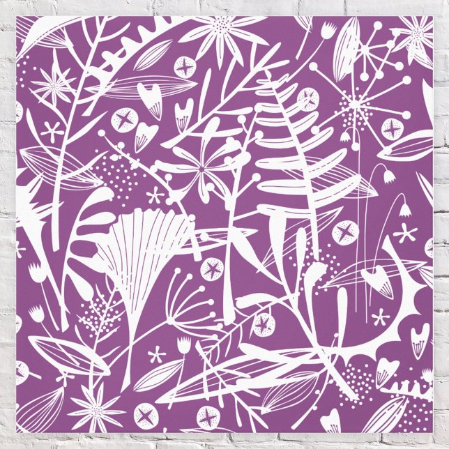 Botanical Leaves Silhouette Purple and White Canvas Print (Botanical leaves and flowers purple canvas art print)