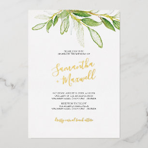 Botanical Leaves Watercolo Wedding Foil Invitation
