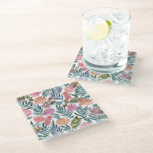 Botanical Leaves Watercolor Floral Colourful Cut Glass Coaster