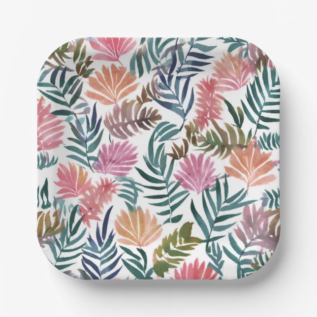 Botanical Leaves Watercolor | Floral Colourful Cut Paper Plate (Front)