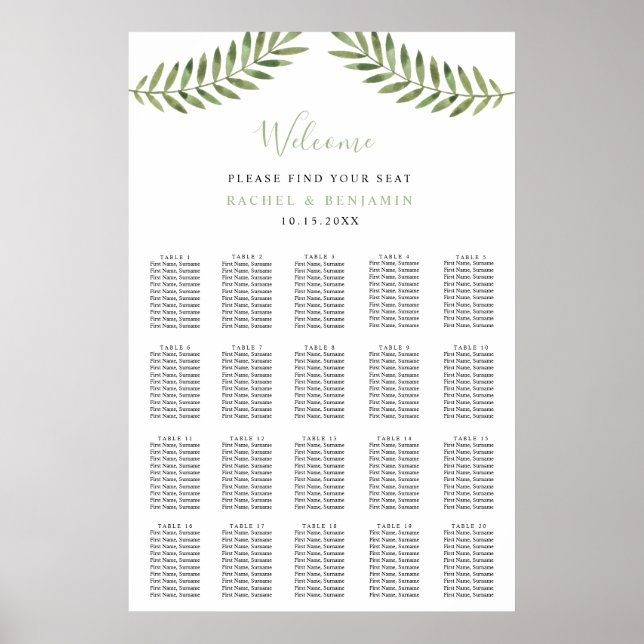 botanical leaves  watercolor wedding seating chart (Front)