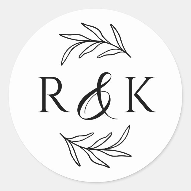 Botanical Leaves Wreath Ampersand Initials Wedding Classic Round Sticker (Front)