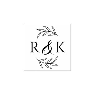 Botanical Leaves Wreath Ampersand Initials Wedding Rubber Stamp