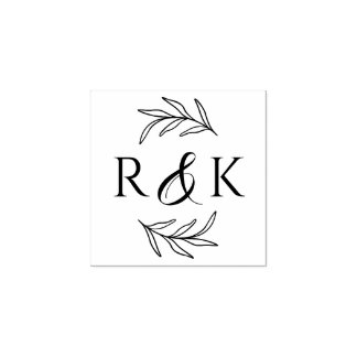 Botanical Leaves Wreath Ampersand Initials Wedding Rubber Stamp