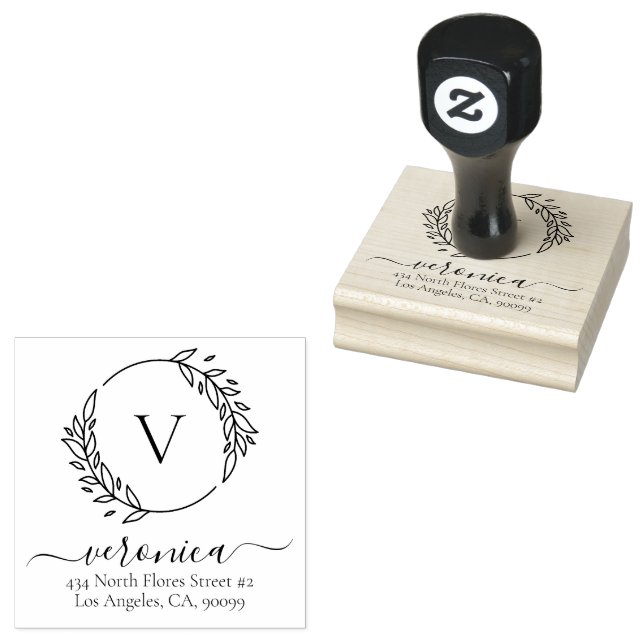 Botanical Leaves Wreath Custom Typography 2 Rubber Stamp (Stamped)