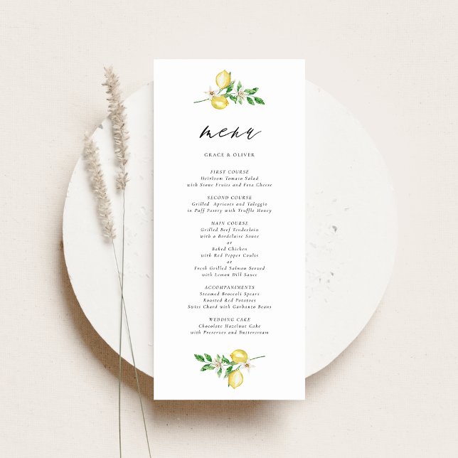 Botanical Lemon and Greenery Watercolor Wedding Menu (Customizable Wedding Menu Card with Watercolor Lemons, Blossoms & Greenery Wreath)
