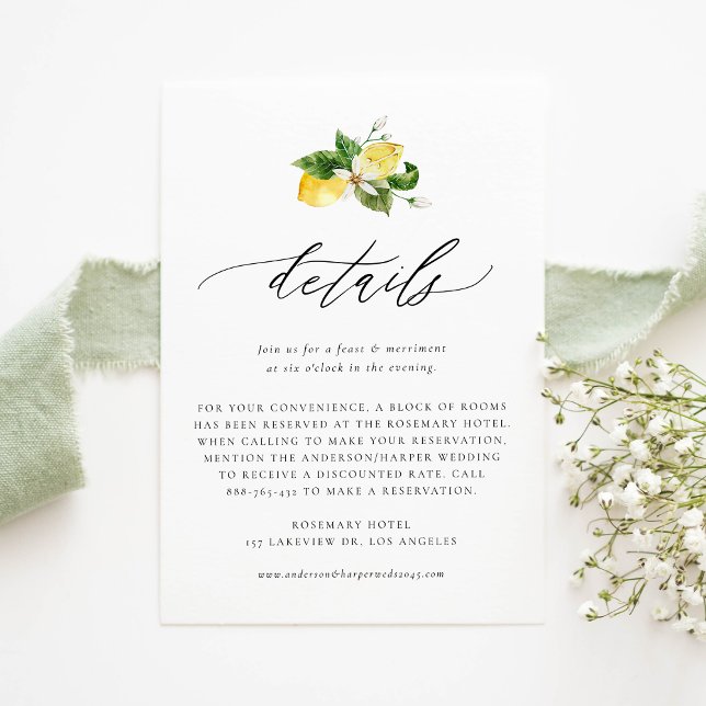 Botanical Lemon and Greenery Wedding Details Enclosure Card (Customizable Details Card with Watercolor Lemons, Blossoms and Greenery | Lemon Wedding Details Card)
