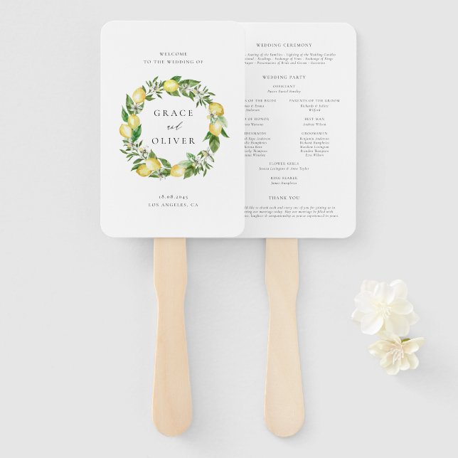 Botanical Lemon and Greenery Wedding Program Hand Fan (Front and Back)