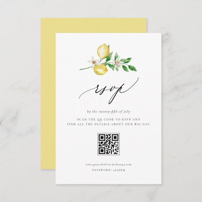 Botanical Lemon and Greenery Wedding QR Code RSVP Card (Front/Back)