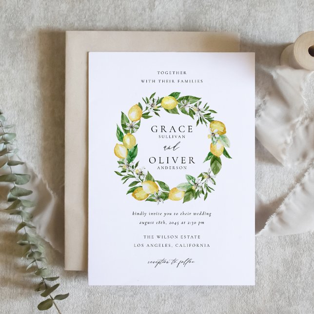 Botanical Lemon and Greenery Wreath Garden Wedding Invitation (Botanical Lemon and Greenery Wreath Garden Wedding Invitation)