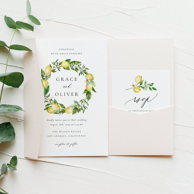 Botanical Lemon and Greenery Wreath Summer Wedding Invitation (Customizable Wedding Invitation with Watercolor Lemons, Blossoms & Greenery | Lemon Theme Wedding )