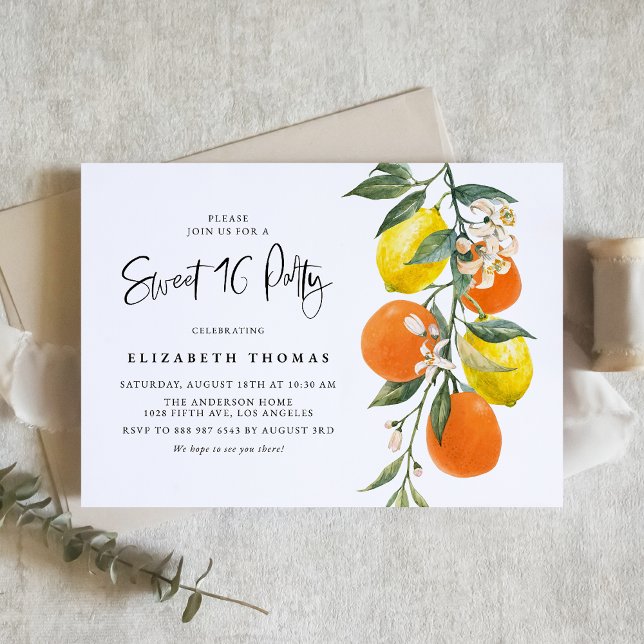 Botanical Lemons and Oranges Garland Sweet Sixteen Invitation (Creator Uploaded)