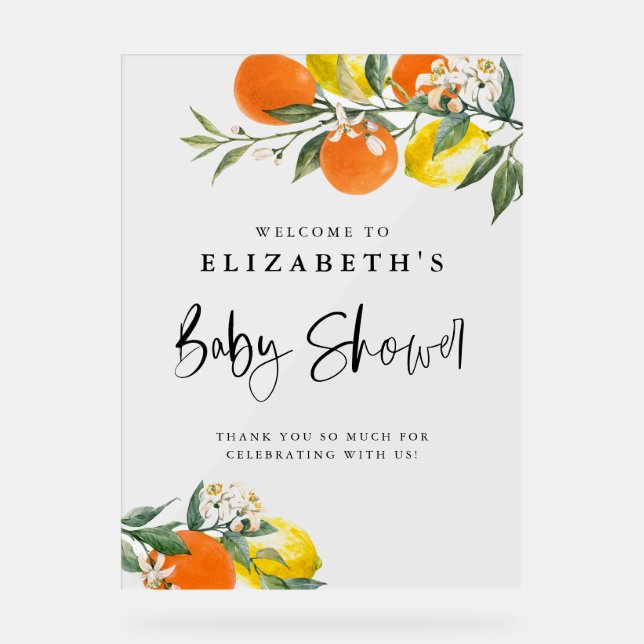 Botanical Lemons and Oranges Summer Baby Shower Acrylic Sign (Front)